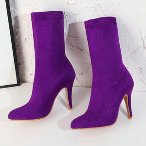 Women's stretchy mid calf sock boots | Candy color stiletto mid calf boots for party