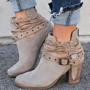 Ankle strap buckle boots chunky heel block heel boots for women
