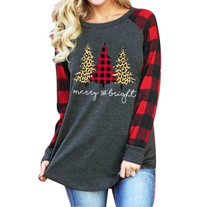 Women‘s Christmas printed plaid long sleeve tops casual loose crewneck pullovers