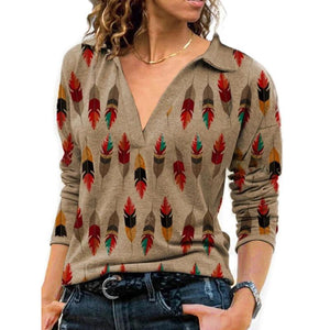 Women retro printed turn-down collar long sleeve v neck t shirts