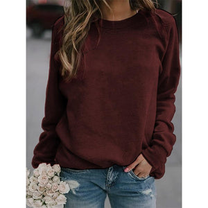 Women winter fall solid color long sleeve pullover crewneck sweatshirt