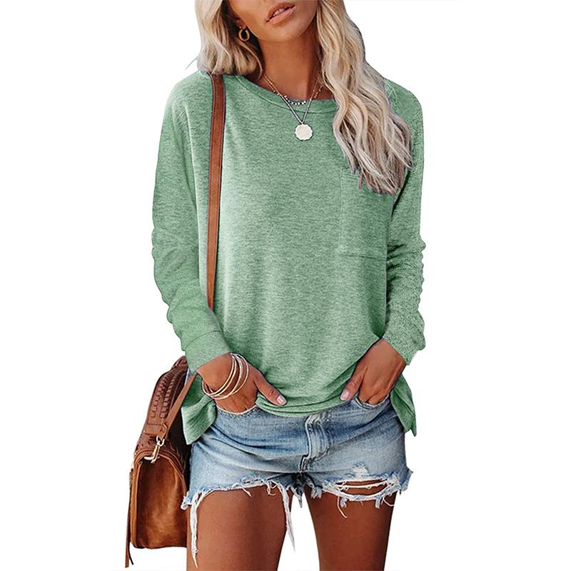 Women casual solid color long sleeve crew neck t shirt with pocket