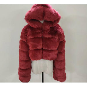 Women cropped hooded solid color long sleeve faux fur coat