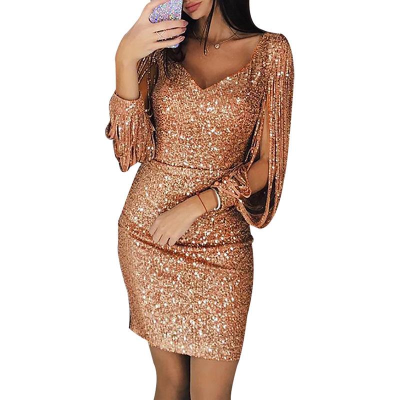 Women evening gown sequin v neck midi party dresses