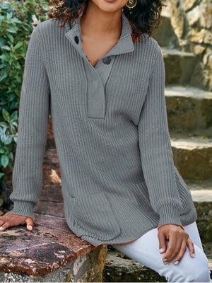 Women Standing Neck Knit Sweater With Pockets