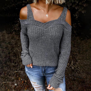 Women knit straps long sleeve off shoulder sweater