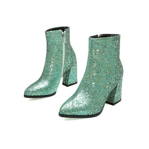 Women pointed toe chunky heel side zipper sequin glitter booties