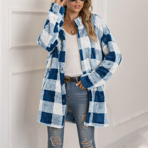 Women winter fall long sleeve color block plaid cardigan