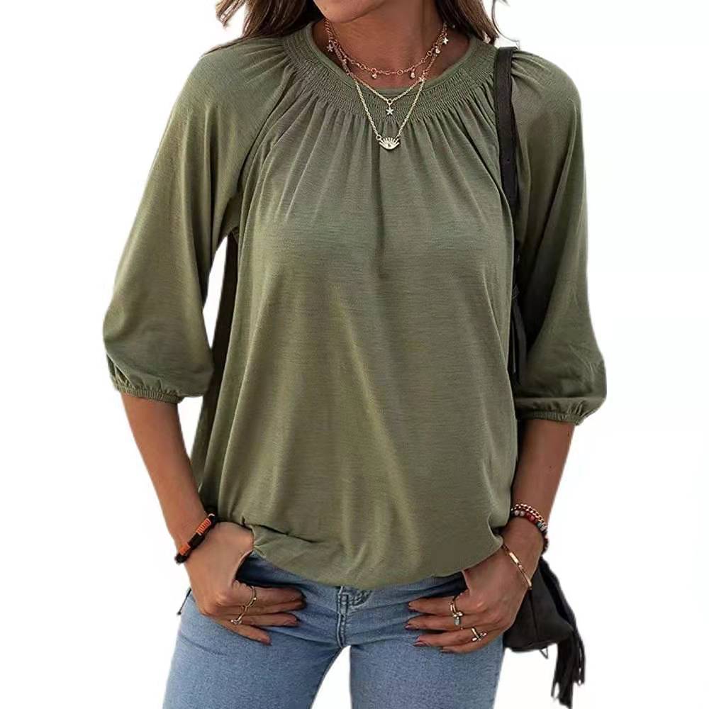 Women solid color seven point long sleeve crew neck t shirt