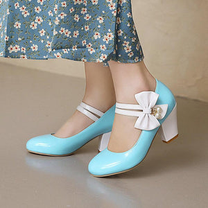 Women bowknot rhinestone strap closed toe slip on chunky heels