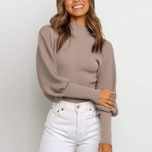 Women lantern sleeve knit pullover solid color cropped sweater