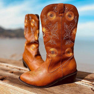 Women's ethnic floral embroidered cowboy boots mid calf pointed toe western boots