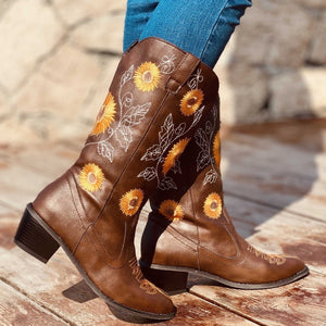 Women's ethnic floral embroidered cowboy boots mid calf pointed toe western boots
