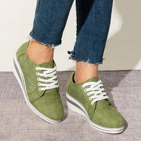 Women Fashion Lace Up Hollow Out Wedge Heel Sneakers - fashionshoeshouse