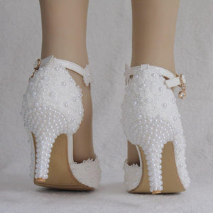 3" White floral lace ankle strap wedding heels