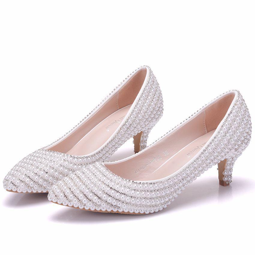 Women's white imitation pearls kitten heel wedding pumps