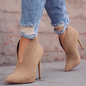 Women front v cut stiletto high heel ankle boots