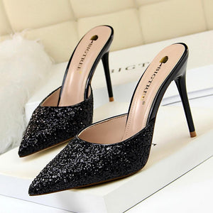 Women glitter pointed toe slide stiletto high heels