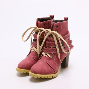 Women's platform heeled combat boots buckle strap lace up boots