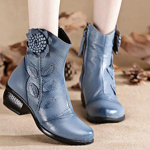 Women fashion flower  block heel ankle boots