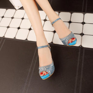 Women rhinestone platform peep toe ankle buckle strap stiletto heels