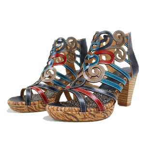 Women peep toe flower hollow chunky heel sandals