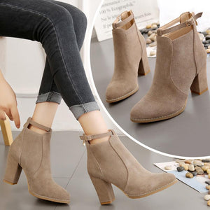 Women buckle strap back zipper ankle chunky high heel boots