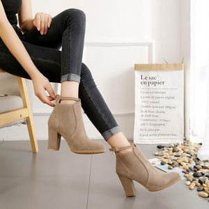 Women buckle strap back zipper ankle chunky high heel boots