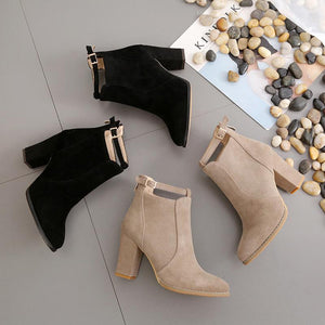 Women buckle strap back zipper ankle chunky high heel boots