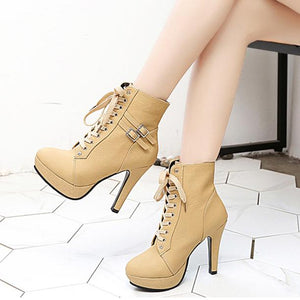 Women buckle strap lace up solid color stiletto heeled booties