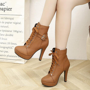 Women buckle strap lace up solid color stiletto heeled booties