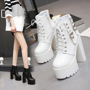 Women high block heel lace up lace up platform boots