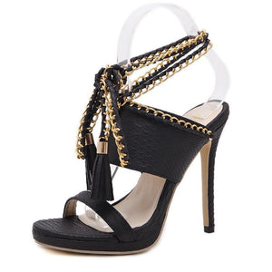 Women chain strappy lace up fringe stiletto heels