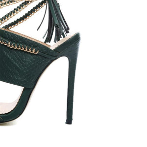 Women chain strappy lace up fringe stiletto heels