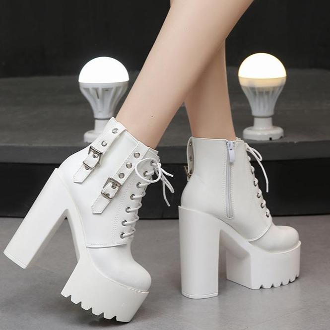 Women high block heel lace up lace up platform boots