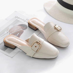 Women square toe buckle chunky heel mules shoes slide sandals