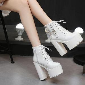 Women high block heel lace up lace up platform boots