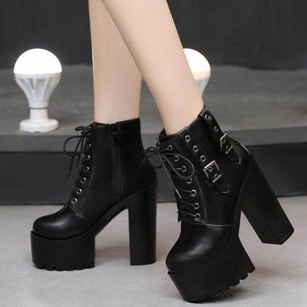 Women high block heel lace up lace up platform boots