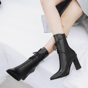 Pointed toe lace up block heel dress boots for women