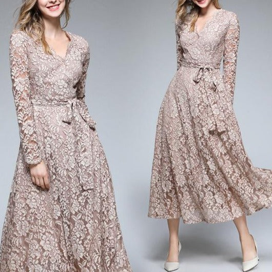 Elegant Knot Waist Large Swing Khaki Lace Dress - GetComfyShoes