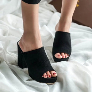 Women solid color platform peep toe slide chunky heels