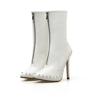 Women knight studded front zipper ankle stiletto high heel boots