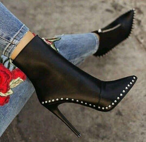 Women knight studded front zipper ankle stiletto high heel boots