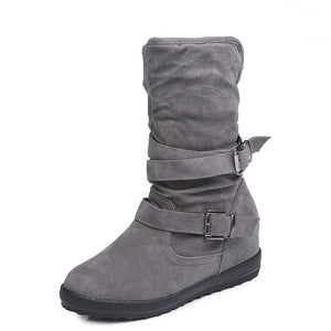 Women winter lining faux fur double buckle strap short flat boots