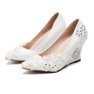 Women flower rhinestone pointed closed toe wedge white heels