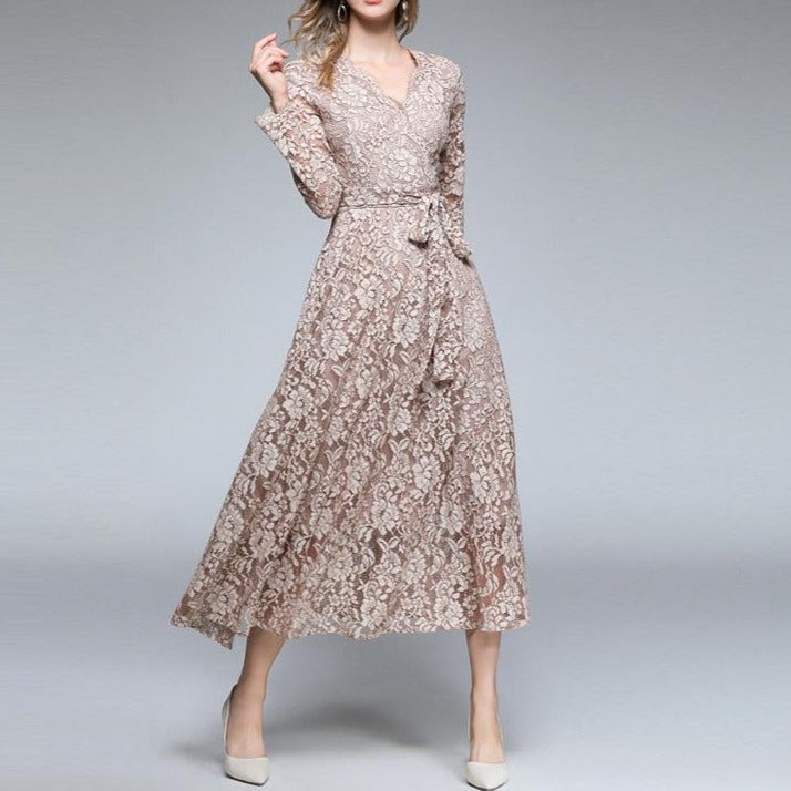 Elegant Knot Waist Large Swing Khaki Lace Dress - GetComfyShoes