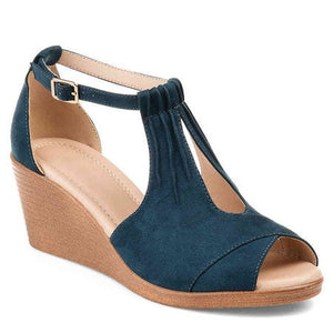 Women peep toe buckle strap high heel wedge sandals