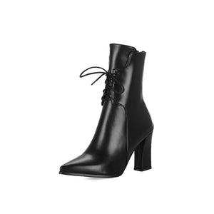 Pointed toe lace up block heel dress boots for women