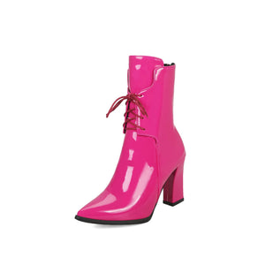 Pointed toe lace up block heel dress boots for women