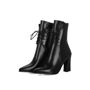 Pointed toe lace up block heel dress boots for women